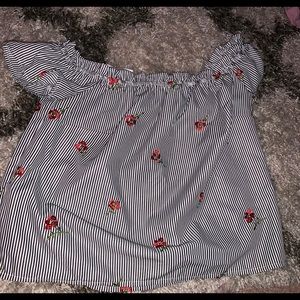 Blue and white shoulder shirt with red roses